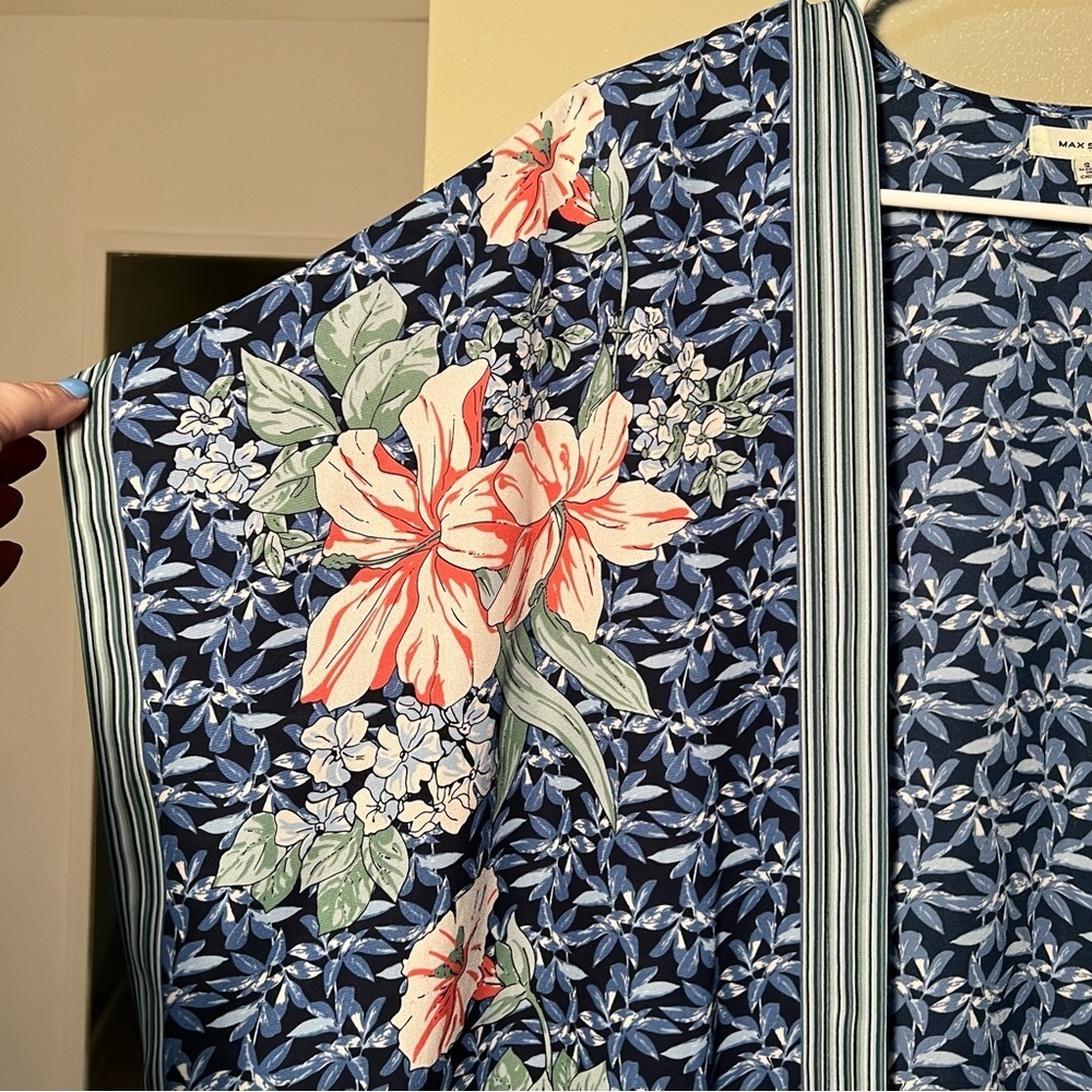 Max Studio Women's Size Small Kimono Caftan Blue Pink Floral Striped Open Front - Picture 5 of 10